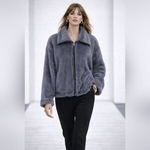 Anthropologie Bristol Faux Fur Jacket Blue Zip Front Cozy Luxury Size M